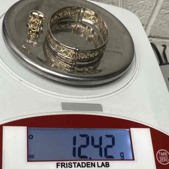 *SOLD* 14K Gold & Sterling Silver Heart Bangle / Bracelet & Earring Set - Picture 11 of 15